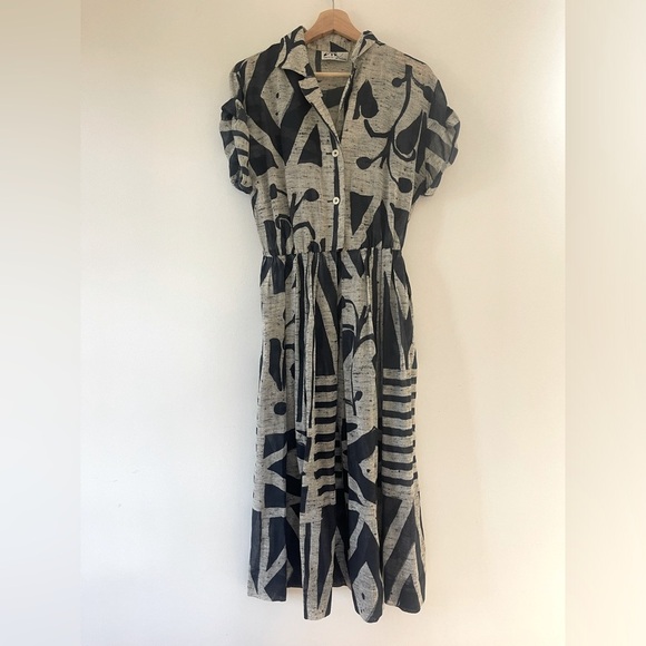 Vintage Willi of California Navy Blue and Beige Graphic Retro Midi Dress 80s 90s - Picture 1 of 7
